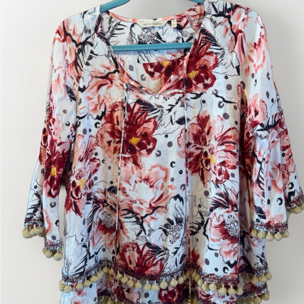 Soft Surroundings White Tunic with Red and Blush Floral